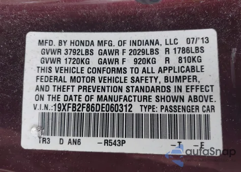 2013 Honda Civic Ex from USA, damaged, VIN 19XFB2F86DE060312